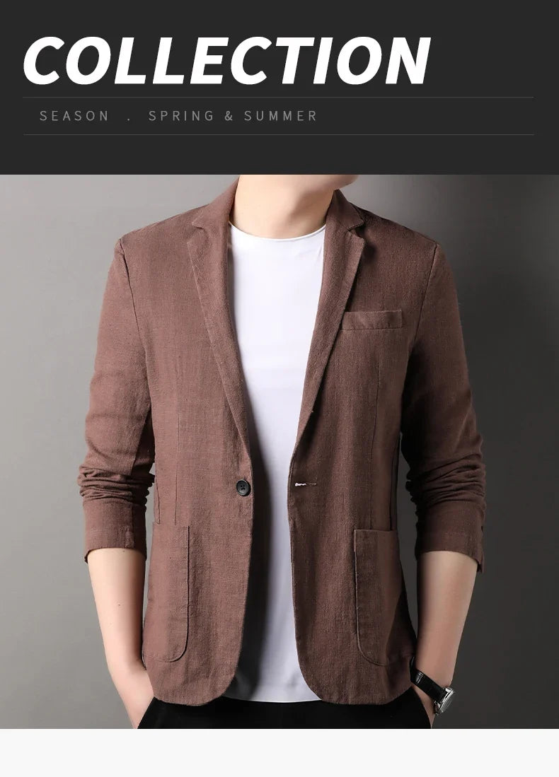 Spring and Summer New High Quality Men's Linen Suit Fashion Handsome Slim-fit All-in-one Trend Men's Coat 70% Ramie 30% Cotton