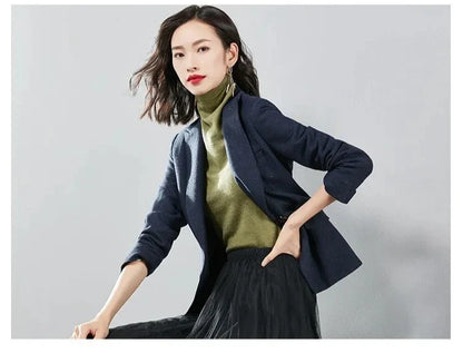 Commute Women's Blazers Autumn Winter Office Lady Solid Jackets Single Button Notched Lapel Woolen Coats Woman V7065