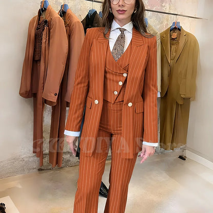 Navy Blue Striped Suit For Women Stylish Single Button Peak Lapel Elegant Outfit Business Meeting Office Formal Set Three Pieces