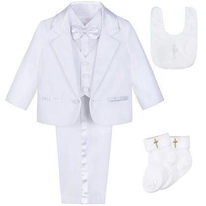 Baby Boy Baptism Outfit Infant White Christening Suit with Hat Toddler Wedding Birthday Party Clothing Long Sleeved Tuxedo 5PCS