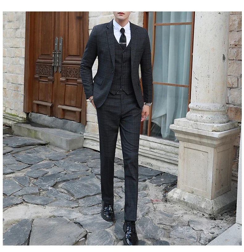 Men's Autumn Winter Trendy Three-Piece Suit Set Slim Fit Stylish Vest Trousers Ensemble Handsome Personality Wardrobe Essential