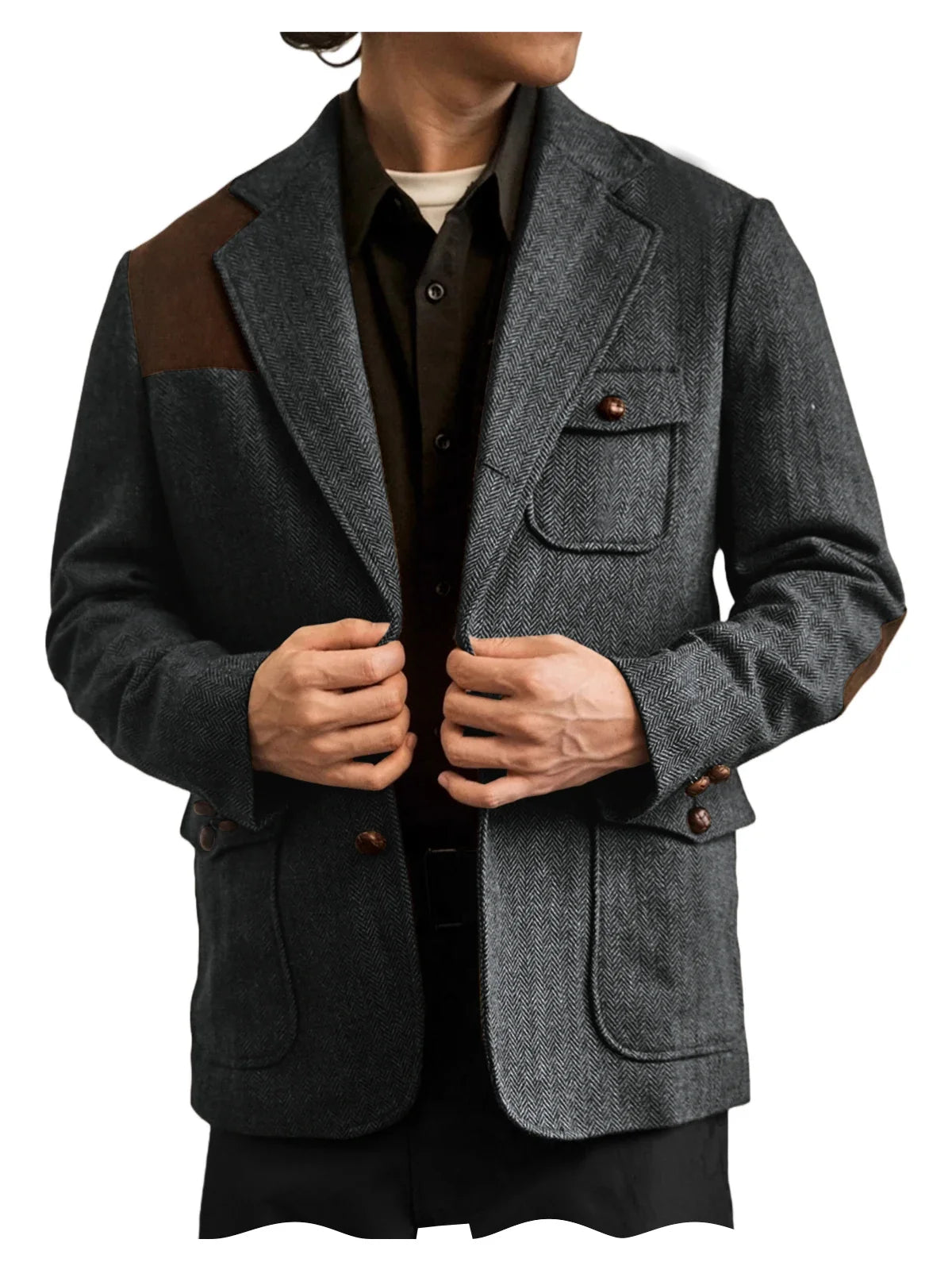 Men's Herringbone Tweed Blazer Shoulder Patchwork Suede Notch Lapel Suit Jacket Classic Fit Casual Business Vintage Sport Coat