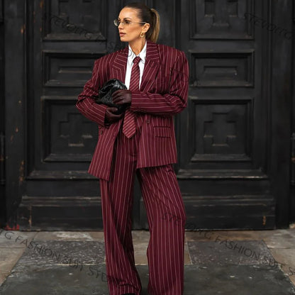 Bold Burgundy Pinstripe Women's Two-Piece Suit Oversized Jacket+Pants Professional Matching Sets Office Lady Streetwear Outfit