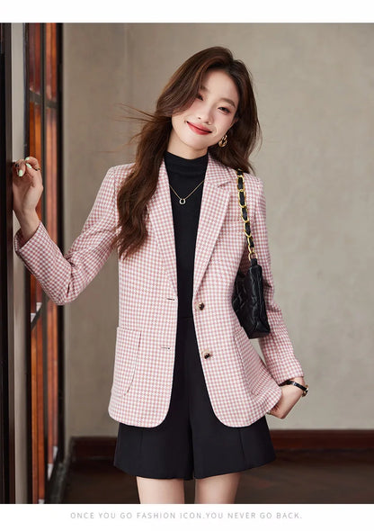 Women Office Ladies Single Breasted Slim Blazer Coat Autumn Winter Fashion Plaid Temperament Long Sleeved Elegant Tops Vacation