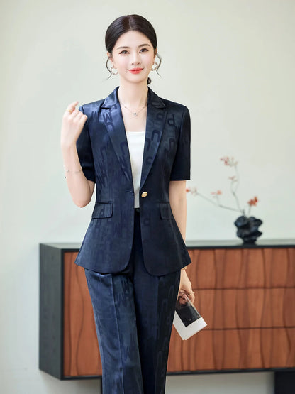 Fashion Letter Print Short Sleeve Professional Suit Women New 2026 Summer Elegant Slim Blazer And Pants Office Ladies Work Wear