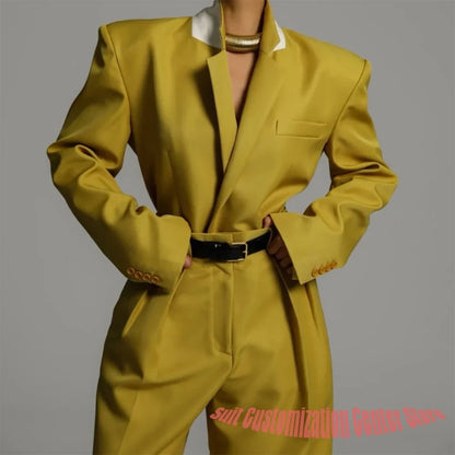 Professional Women's Yellow Oversized Pants Set Modern 2-Piece Jacket+Pants Fashion Streetwear Style Suit for Autumn Winter