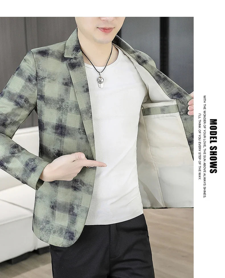 Blazer Men's Fashionable Casual Business Gentleman Outdoor Trendy Checkered Banquet Versatile and Slimming Korean Version Blazer