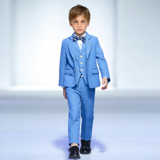 Boys Elegant Blue Plaid Blazer Set Kids Wedding Birthday Performance Costume Children's Jacket Vest Pants Bowtie Brooch