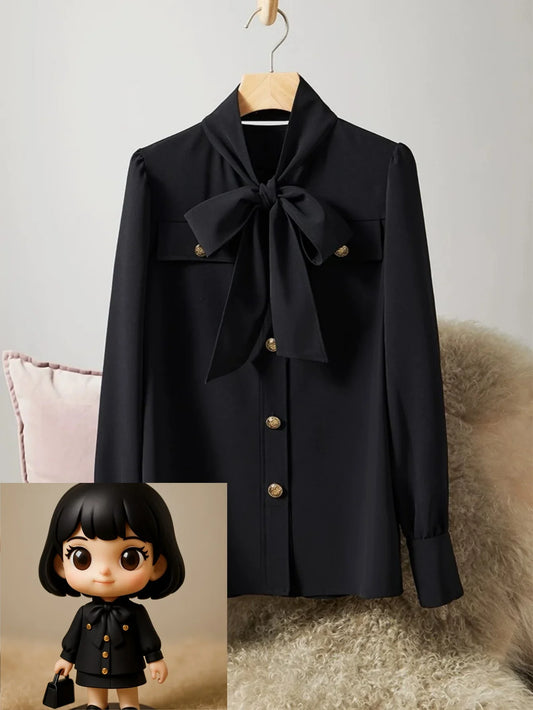 Women's Long Sleeve Tie Neck Blouse Elegant Button Down Office Work Shirt Classic Black Top with Pockets and Gold Buttons