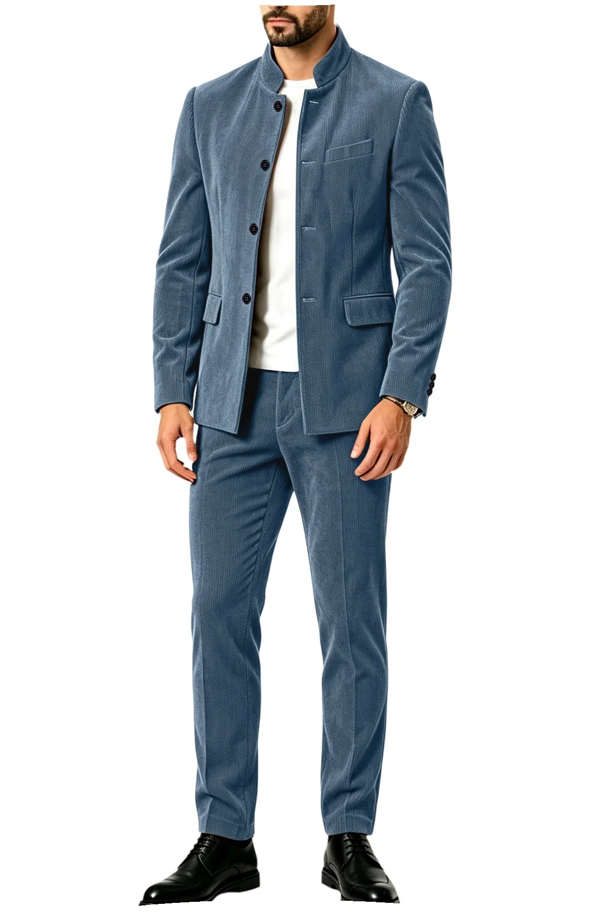 Men's Corduroy 2-Piece Suit – Mandarin Collar Single Breasted Blazer & Pants for Business & Formal Occasions