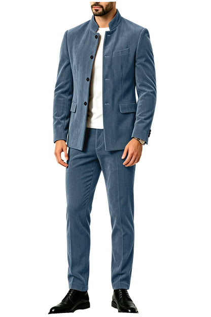 Men's Corduroy 2-Piece Suit – Mandarin Collar Single Breasted Blazer & Pants for Business & Formal Occasions