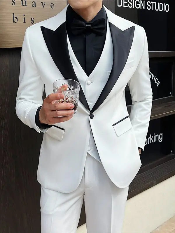Men's Classic Single Breasted 3-Piece Suit Set – Black & White, Wedding & Formal Occasions