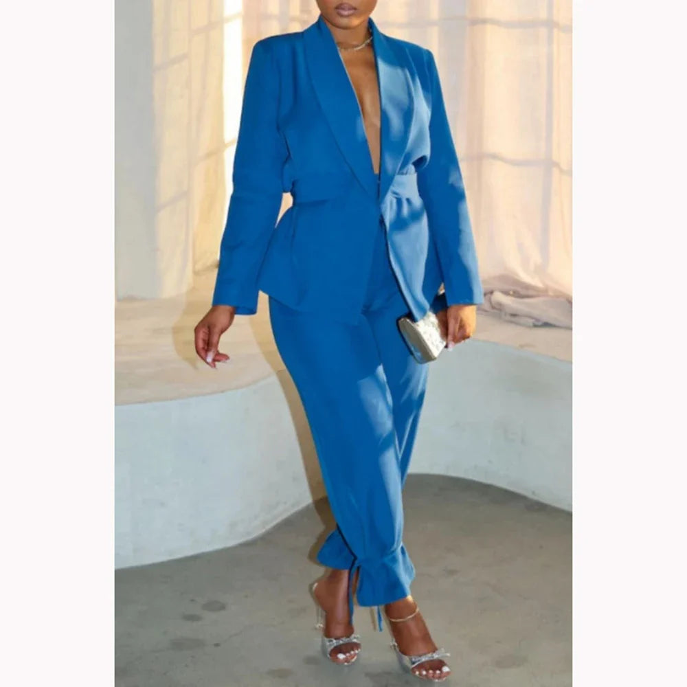 Blue Women Suit with Waist Belt Shawl Lapel Two Pieces(Jacket+Pants with Ankle Ties) Plus Size Business Office Lady Set Custom