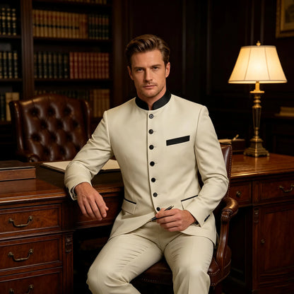 Men's 2-Piece Serge Suit Mandarin Collar Slim Fit Formal Set for Weddings and Business