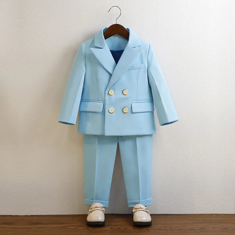Kid Light Green 5Pieces Suit Set With Jacket Vest Pants Bowtie Brooch Boys Wedding Birthday Party Piano Performance Costume