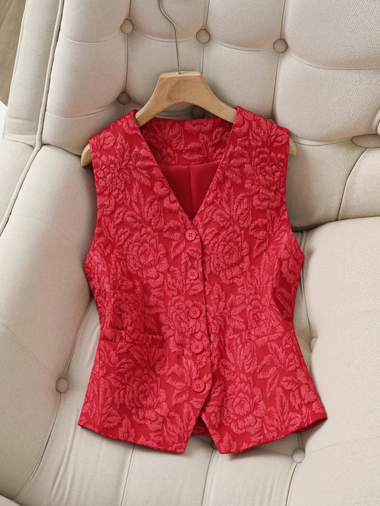 Women's Vintage Floral Jacquard Vest, V-Neck Button-Up Red Waistcoat, Elegant Sleeveless Jacket for Spring/Autumn
