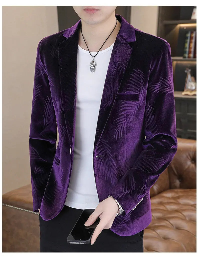 Blazer Men's Fashion Business Gentleman Groom Professional Gentleman Casual Velvet Bamboo Leaf Flower Dress High-end Blazer
