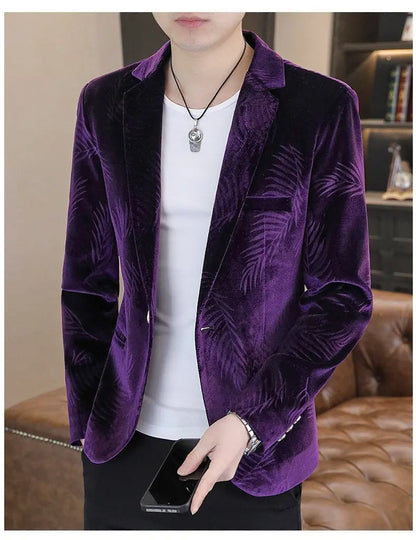 Blazer Men's Fashion Business Gentleman Groom Professional Gentleman Casual Velvet Bamboo Leaf Flower Dress High-end Blazer