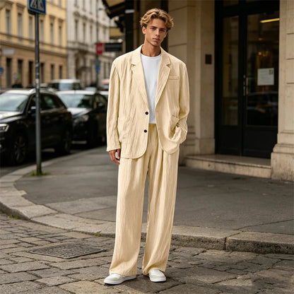 Men's Linen Blend Wrinkled Two Piece Suit Loose Two Button Blazer Wide Leg Trousers Casual Vacation Daily Soft Breathable Outfit