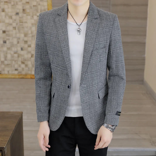 Elegant Business Suit Jacket for Men Korean Fashion Plaid Casual Blazers Office Social Wedding Dress Coats Male Clothing