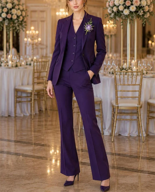 Modern Women Purple 3 Pieces Suit Elegant Evening and Business Outfit Office Suit Blazer+Vest+Pants