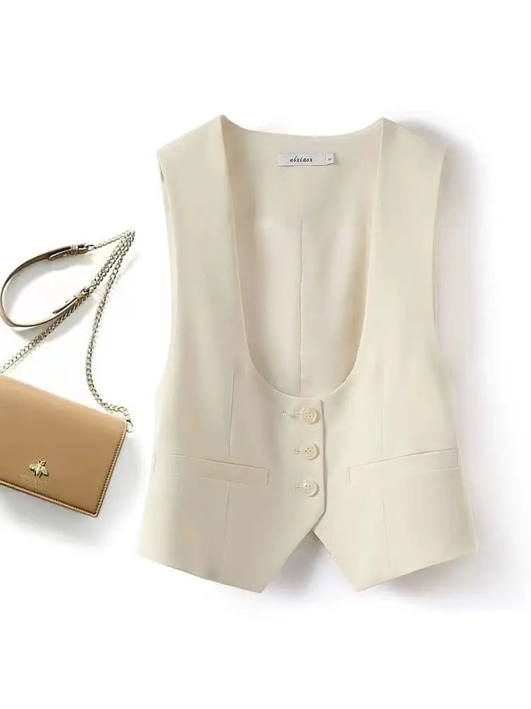 Unisex Beige Sleeveless Vest V-Neck Buttoned Waistcoat for Formal Casual Wear