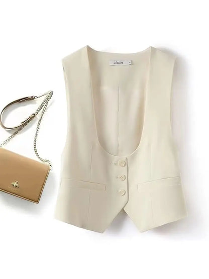 Unisex Beige Sleeveless Vest V-Neck Buttoned Waistcoat for Formal Casual Wear