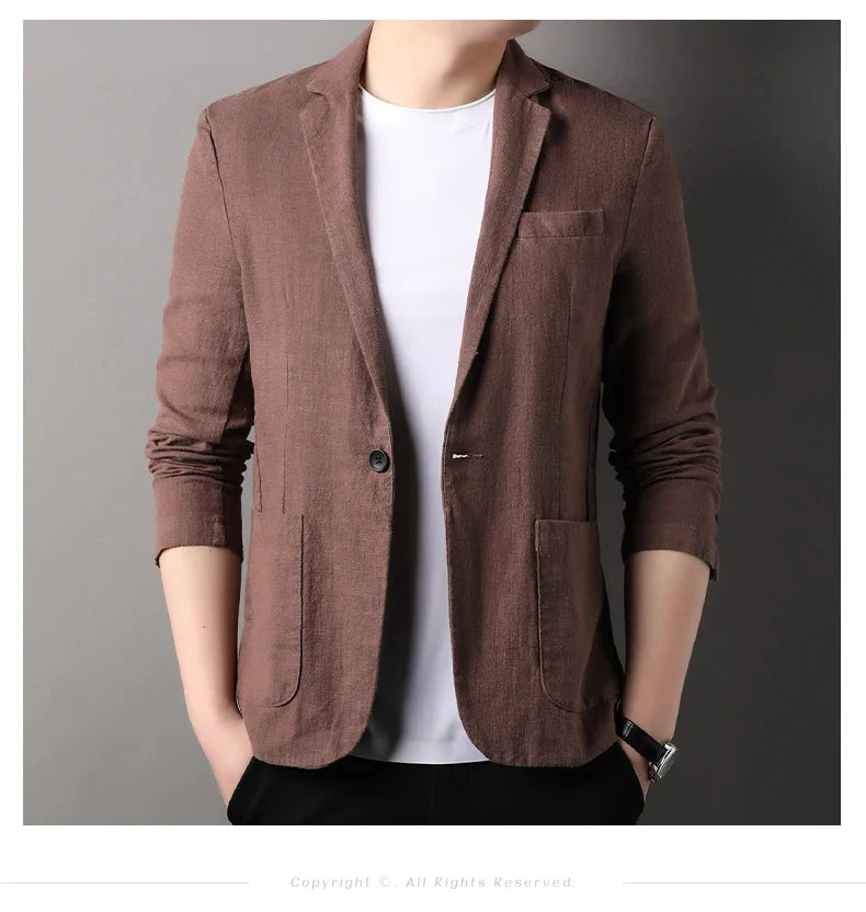 Spring and Summer New High Quality Men's Linen Suit Fashion Handsome Slim-fit All-in-one Trend Men's Coat 70% Ramie 30% Cotton