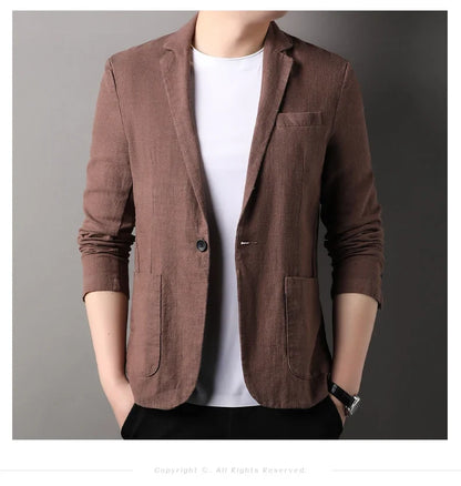Spring and Summer New High Quality Men's Linen Suit Fashion Handsome Slim-fit All-in-one Trend Men's Coat 70% Ramie 30% Cotton