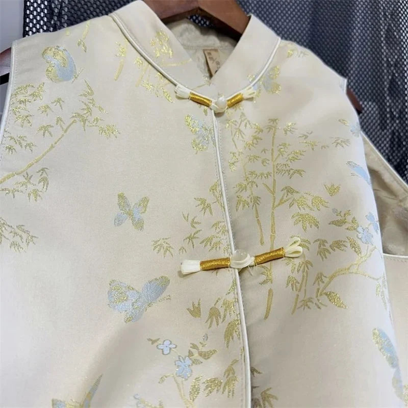 Spring Autumn Chinese Style Sleeveless Vest Coat For Women Stand Collar Jacquard Waistcoat Spring Summer Thin Lined Tank Tops