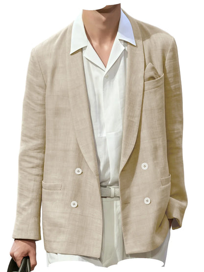 Summer Cotton Linen Blend Men Blazer Double Breasted Casual Suit Jacket Lightweight Soft Elegant Dress Coat For Prom Work Party