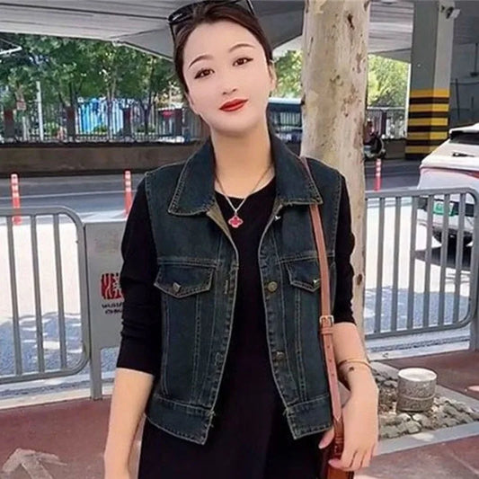 Spring Autumn Ladies Flip Collar Denim Sleeveless Tops Retro Female Cowboy Waistcoat Outwear Women Fashion Jeans Waistcoat Coat
