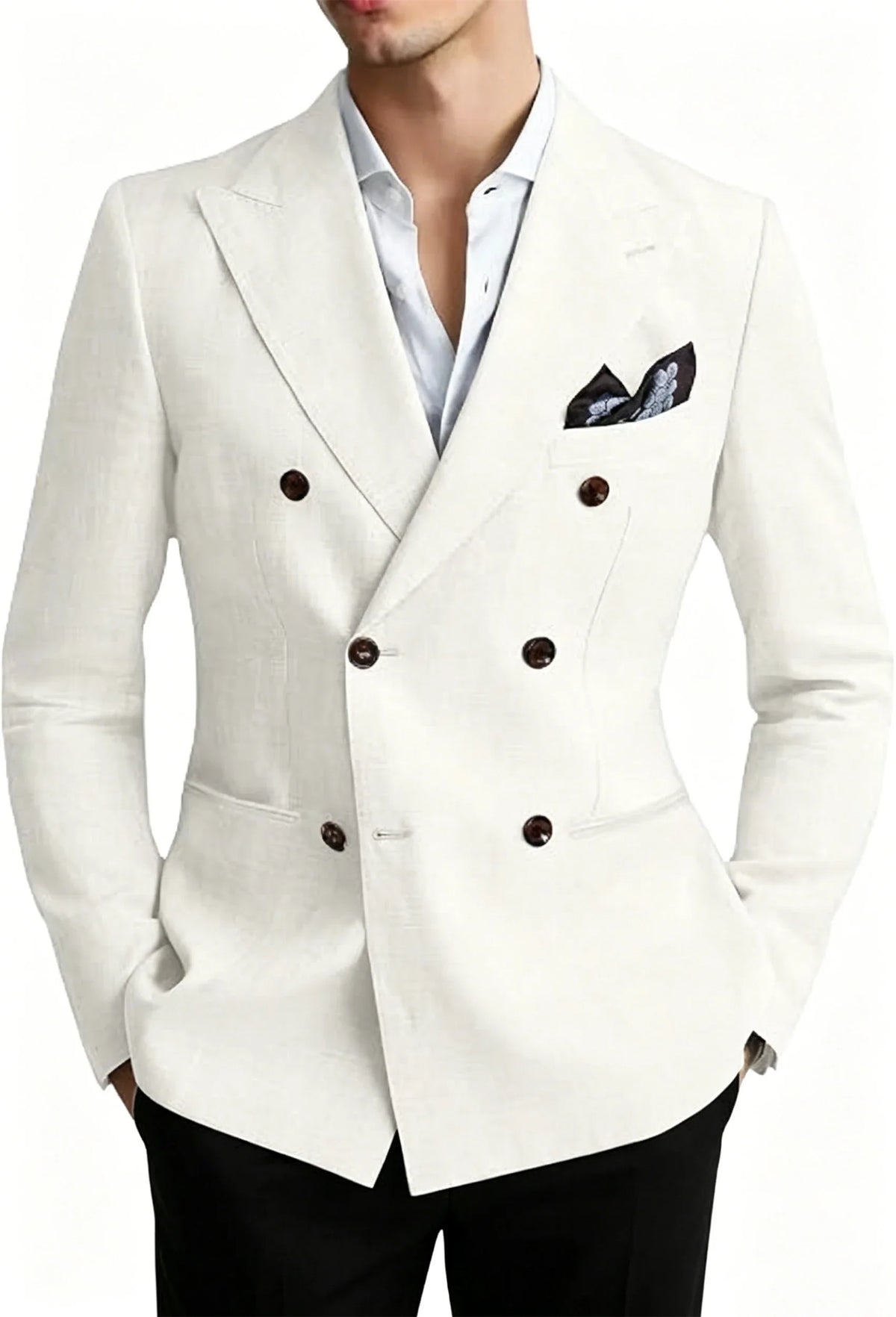 Men’s Linen Blend Suit Blazer Double Breasted Casual Peak Lapel British Style Jacket  Soft Breathable Men Suit For Summer Beach