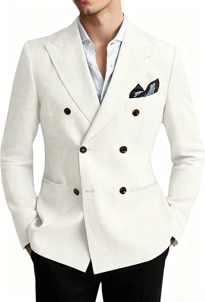 Men’s Linen Blend Suit Blazer Double Breasted Casual Peak Lapel British Style Jacket  Soft Breathable Men Suit For Summer Beach