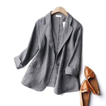 Women's Linen Blazer Loose Fit Single Button 3/4 Sleeve Lightweight Casual Suit Jacket