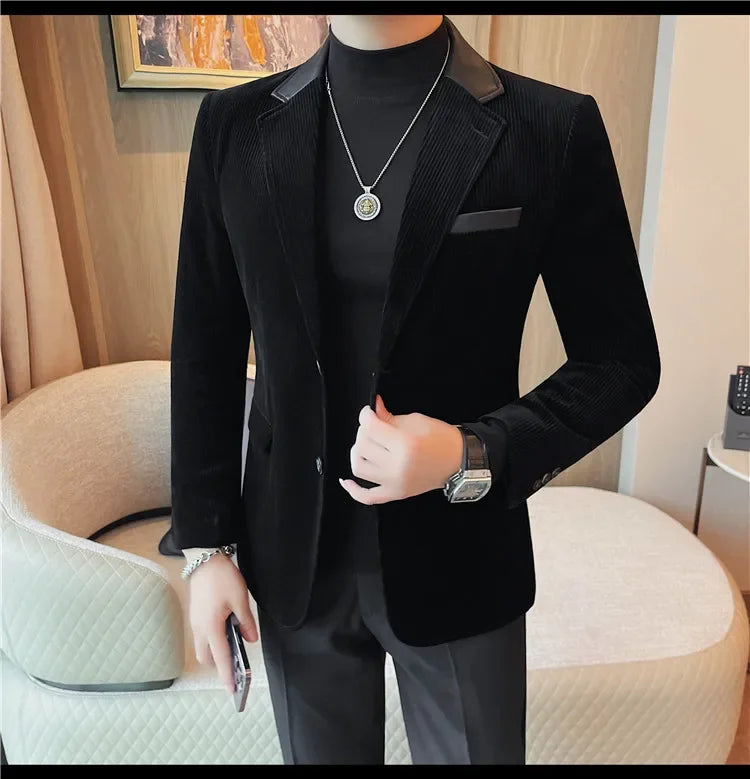 Autumn Winter Corduroy Suit Coat For Men Korean Elegant Slim Fit Business Formal Dress Coats Groom Wedding Tuxedo Suit Jacket