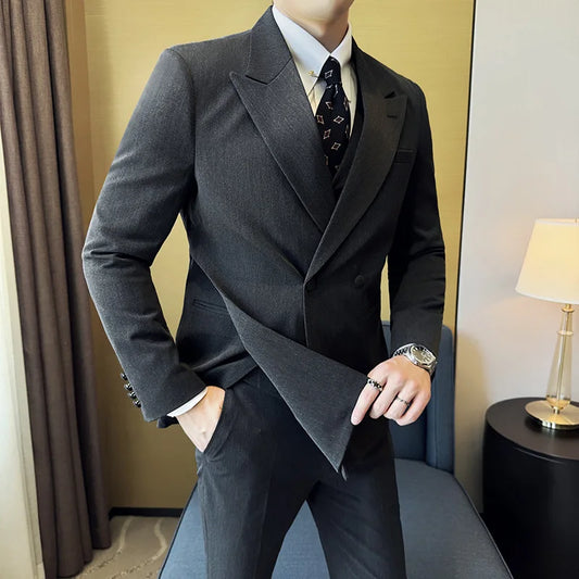 Trendy Suit Set Men Trendy Design Double Breasted Suit 3 Piece Set Wedding Groom Suit Vest Trousers Office Work Party Prom Suits