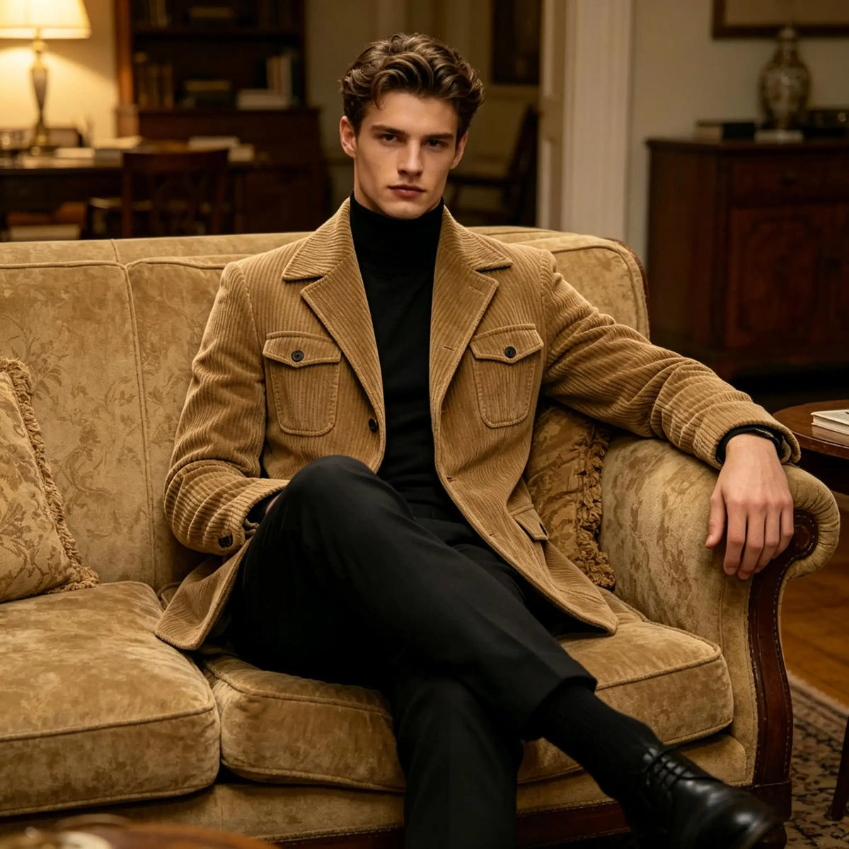 Men's Corduroy Blazer Jacket Slim Fit Notched Lapel Casual Business Coat With Four Flap Pockets For Daily Work Streetwear