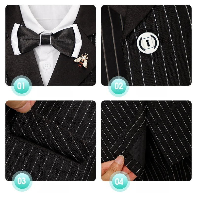1-11Years Boys Spring Autumn Striped Suit Set Kids Formal Wedding Birthday Party Wear With Jacket Pants Bowtie Brooch