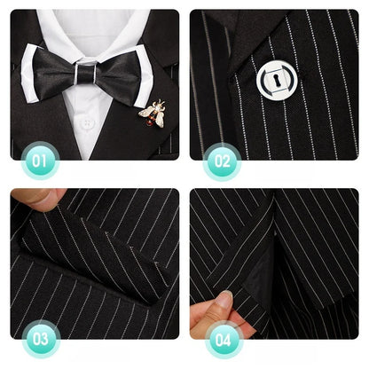 1-11Years Boys Spring Autumn Striped Suit Set Kids Formal Wedding Birthday Party Wear With Jacket Pants Bowtie Brooch