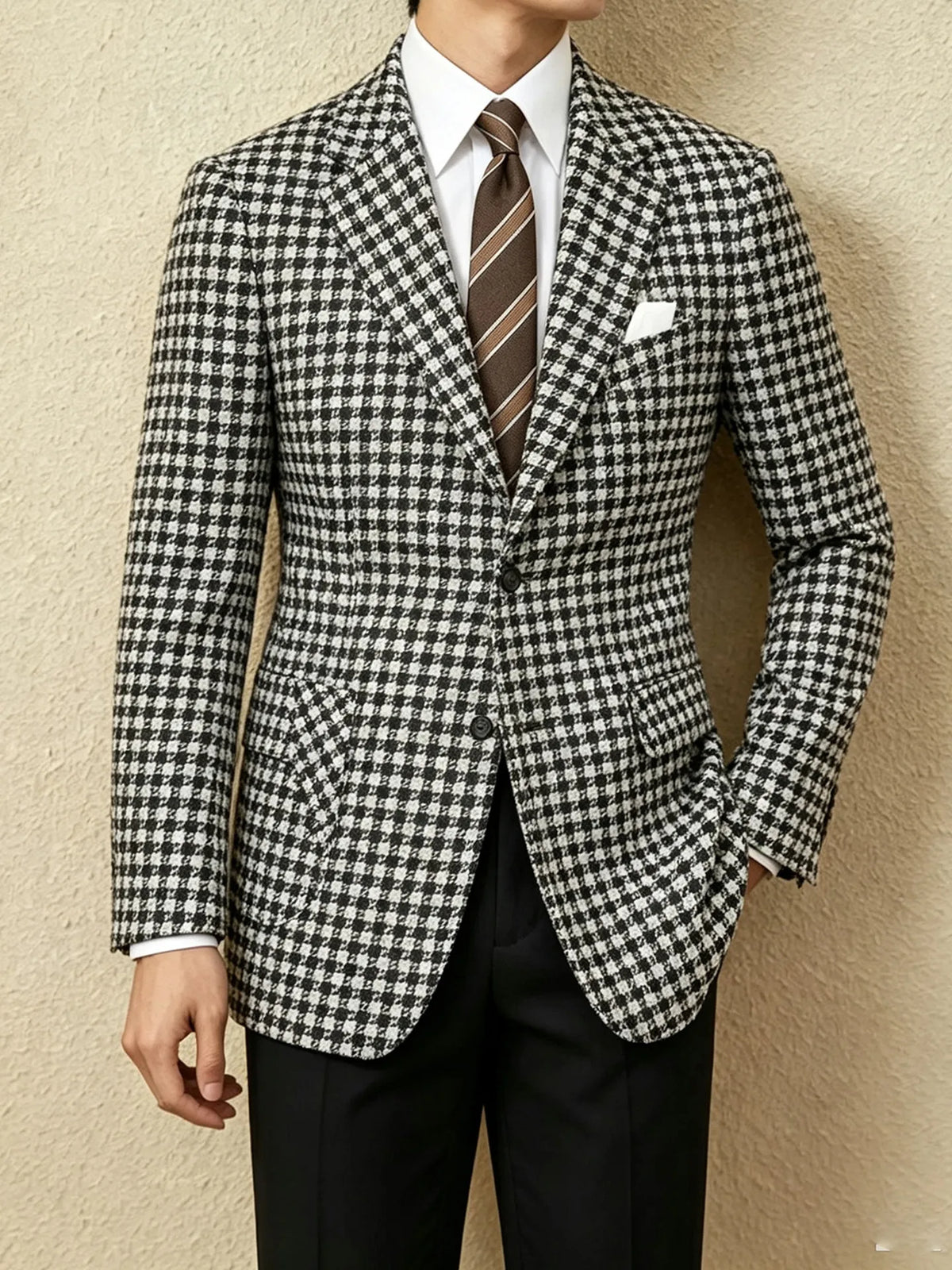Vintage Black White Checkered Tweed Fabric Men Suit Jacket Luxury Slim Fit Business Men‘s Wedding Formal Tuxedos Suit Blazer