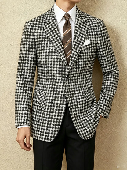Vintage Black White Checkered Tweed Fabric Men Suit Jacket Luxury Slim Fit Business Men‘s Wedding Formal Tuxedos Suit Blazer