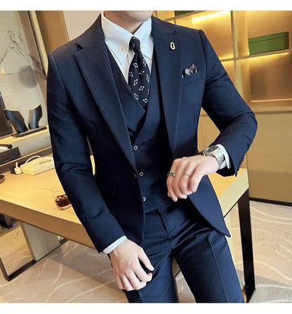 Men's Slim Fit 2-Piece Suit – Striped Single-Breasted Blazer and Trousers for Wedding, Business & Formal Wear