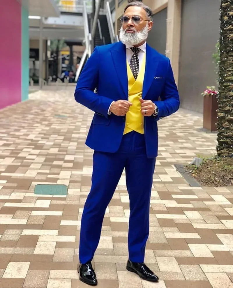 Royal Blue Jacket Pant Yellow Vest Wedding Men Suits Costume Homme Party Prom Slim Fit Tuxedo Groom Terno Masculino Blazer 3 Pcs