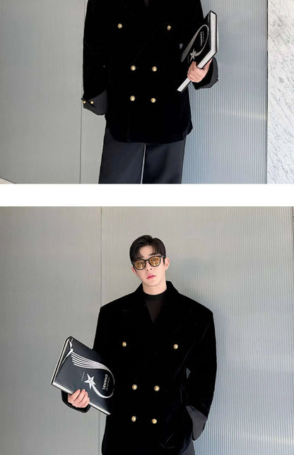 Double Breasted Korean High Quality Blazer Original Elegant Temperament Casual Male Suit Jackets Velvet New Coats LZ7346