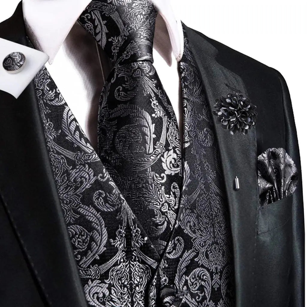 Men's Jacquard Waistcoat Suit Vest with Tie Hanky Cufflinks Brooch Set for Weddings and Business Events