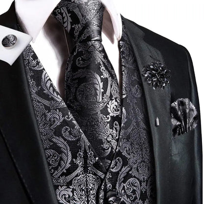 Men's Jacquard Waistcoat Suit Vest with Tie Hanky Cufflinks Brooch Set for Weddings and Business Events