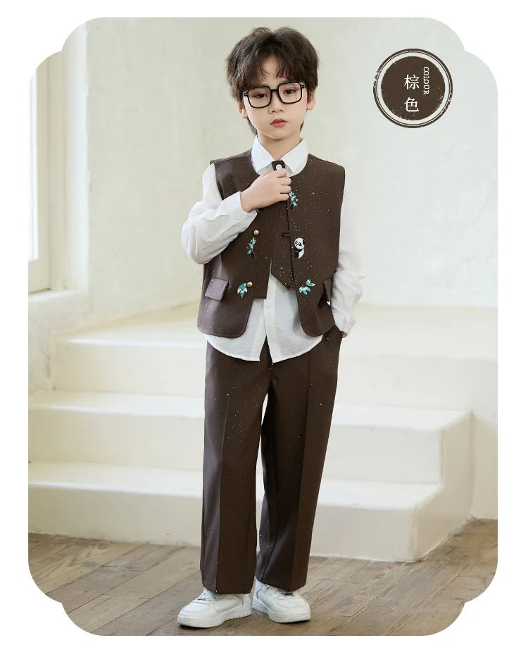 90-160 Kids New Chinese Tang Suit Hanfu Embroidery Suit Flower Boys Host Recitation Performance Costume