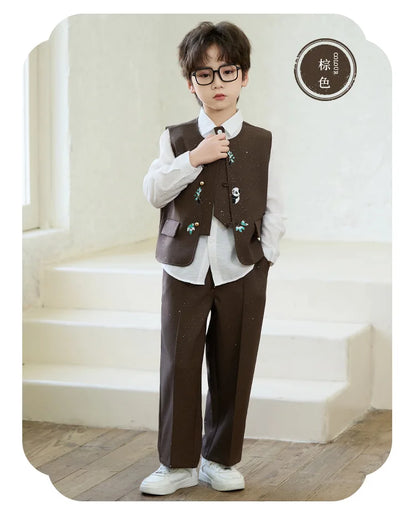 90-160 Kids New Chinese Tang Suit Hanfu Embroidery Suit Flower Boys Host Recitation Performance Costume