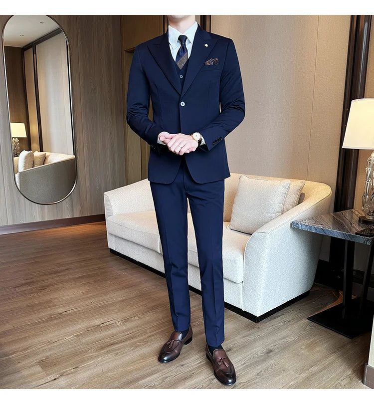 (Blazer + Vest + Trousers) 2024 New Men Formal Business Solid Suit 3 Pieces Set Italian Style Luxury Wedding Social Party Tuxedo
